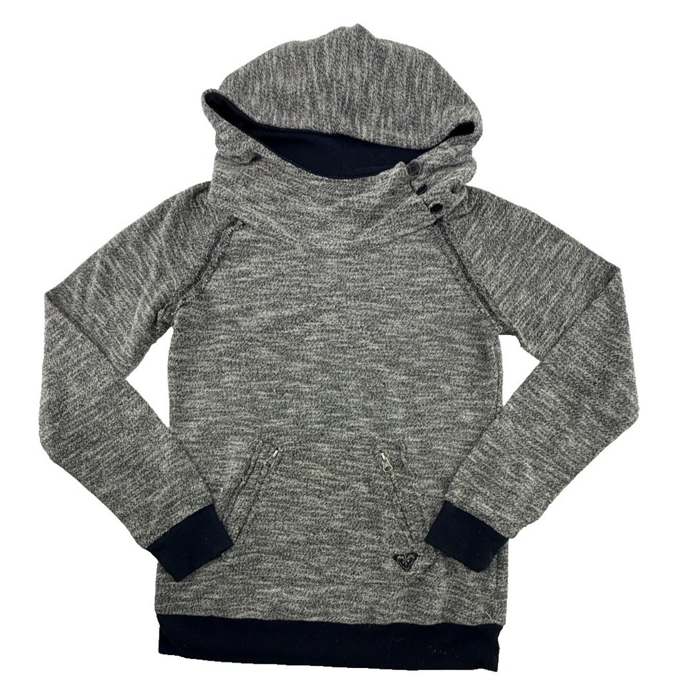Roxy Womens Hoodie M Black Cowl Neck‎ Button Pullover Sweater Knit